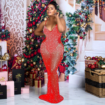 Duga prom haljina od mrežaste tkanine, V-dekolte, bez rukava, visok struk, rhinestones ukras