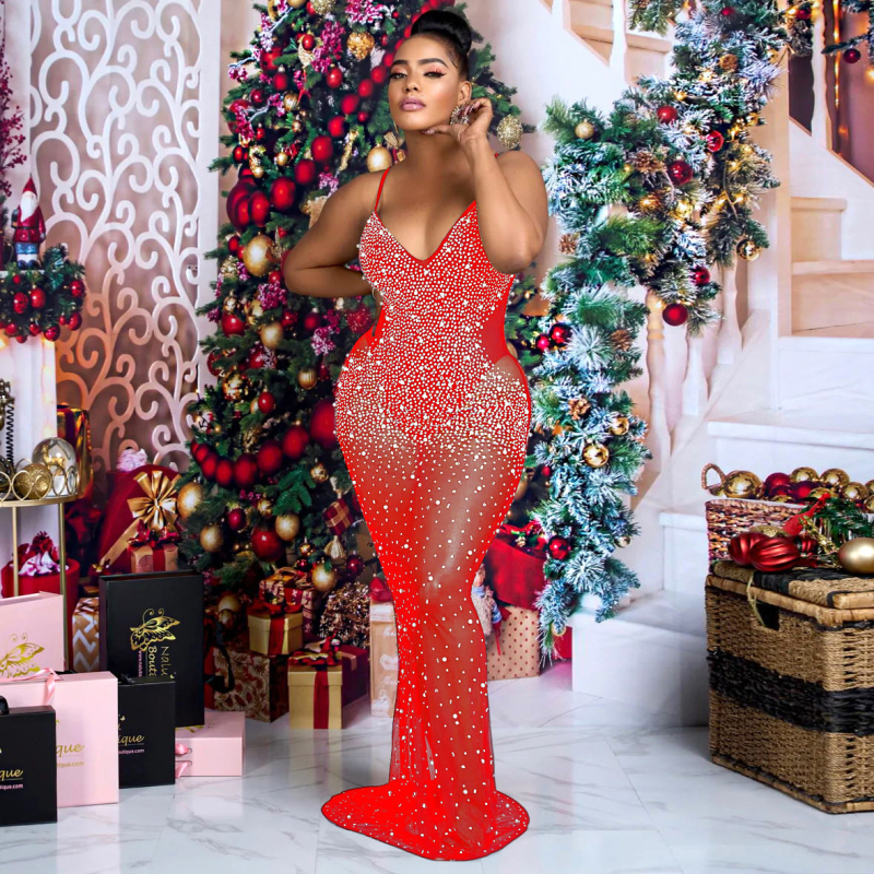 Duga prom haljina od mrežaste tkanine, V-dekolte, bez rukava, visok struk, rhinestones ukras