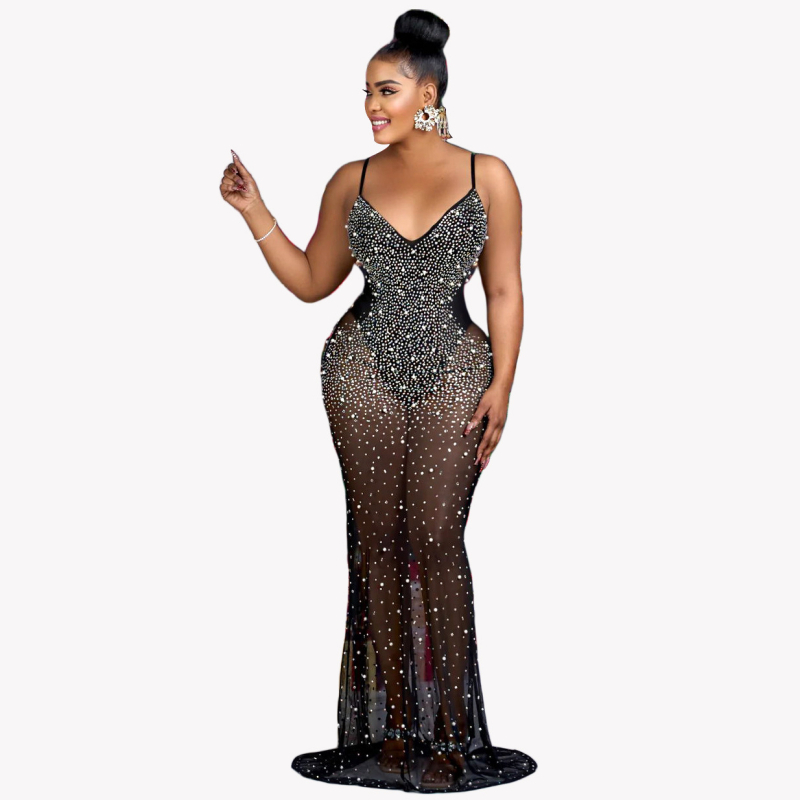 Duga prom haljina od mrežaste tkanine, V-dekolte, bez rukava, visok struk, rhinestones ukras