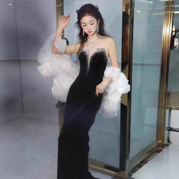 Večernja haljina s ribljim repom, bez naramenica za žene, visok struk, duga A-linijska silueta, poliester