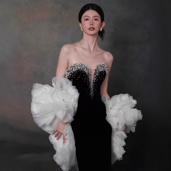 Večernja haljina s ribljim repom, bez naramenica za žene, visok struk, duga A-linijska silueta, poliester