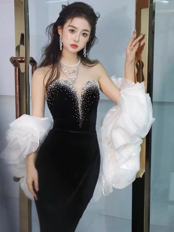 Večernja haljina s ribljim repom, bez naramenica za žene, visok struk, duga A-linijska silueta, poliester