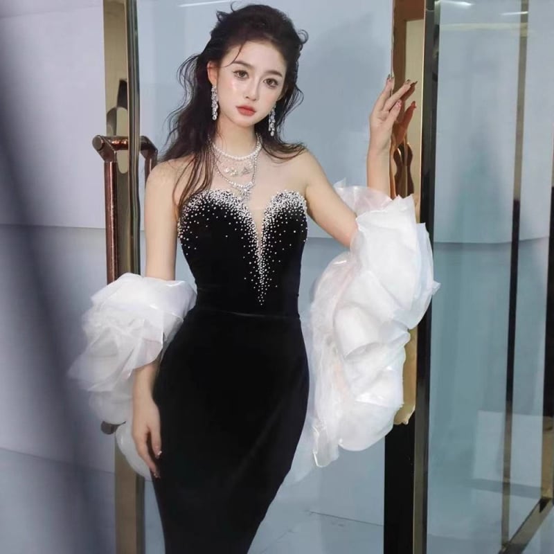 Večernja haljina s ribljim repom, bez naramenica za žene, visok struk, duga A-linijska silueta, poliester