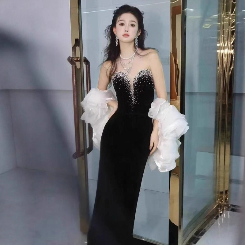 Večernja haljina s ribljim repom, bez naramenica za žene, visok struk, duga A-linijska silueta, poliester