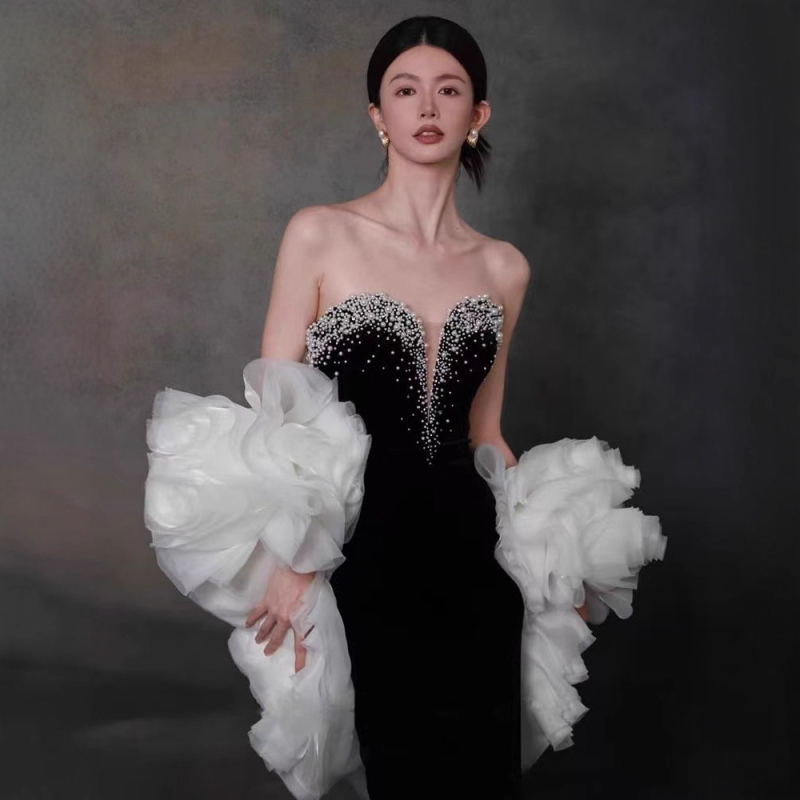 Večernja haljina s ribljim repom, bez naramenica za žene, visok struk, duga A-linijska silueta, poliester