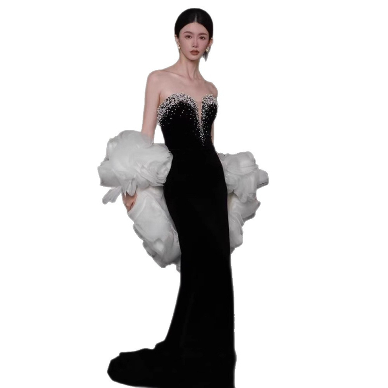 Večernja haljina s ribljim repom, bez naramenica za žene, visok struk, duga A-linijska silueta, poliester