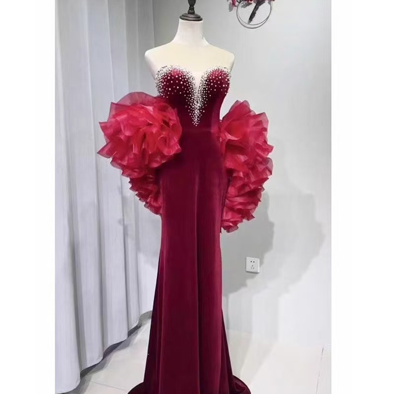 Večernja haljina s ribljim repom, bez naramenica za žene, visok struk, duga A-linijska silueta, poliester