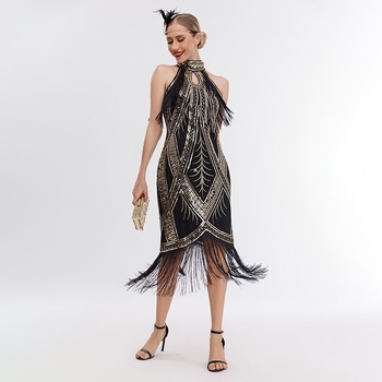 Haljina od mrežaste tkanine s rojtovima i šljokicama, midi duljina, bez rukava, uski kroj, inspirirana 1920-ima europskim retro stilom, za maturu, zabavu, banket