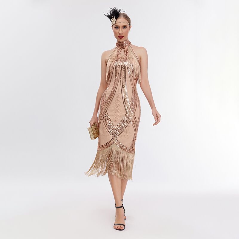 Haljina od mrežaste tkanine s rojtovima i šljokicama, midi duljina, bez rukava, uski kroj, inspirirana 1920-ima europskim retro stilom, za maturu, zabavu, banket