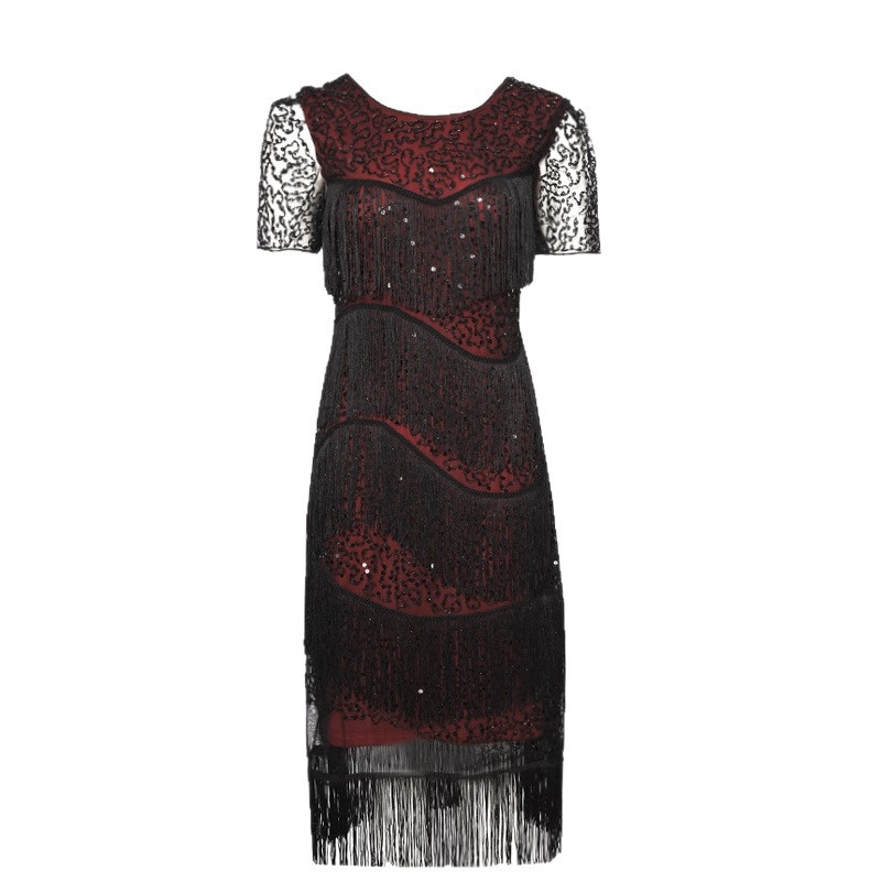 Gatsbija iedvesota vakara kleita ar spīdumiem un striķiem, bez piedurknēm, apaļš kakla izgriezums, vidēja garuma, vidukļa sašaurinājums, poliesters