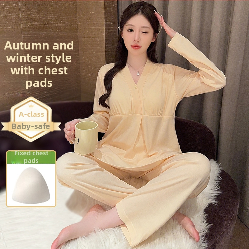 Postpartumski komplet pidžama za dojenje s jastučićima za dojke — 100% pamuk, dugi rukavi, hlače, proljetno-jesenski stil