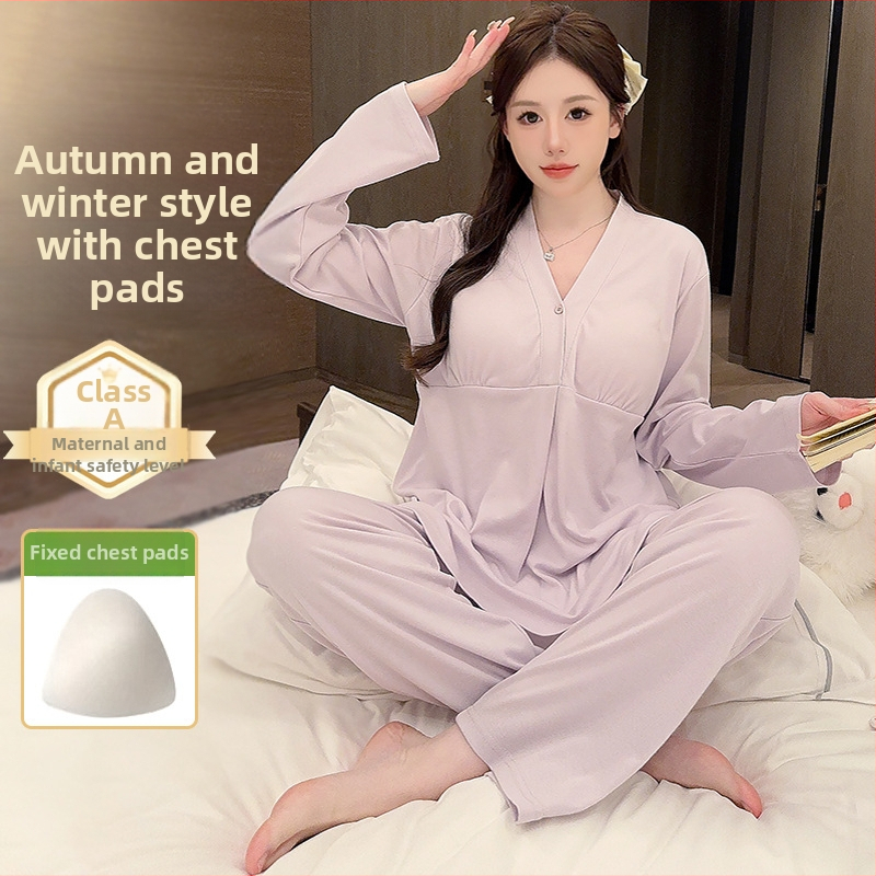 Postpartumski komplet pidžama za dojenje s jastučićima za dojke — 100% pamuk, dugi rukavi, hlače, proljetno-jesenski stil
