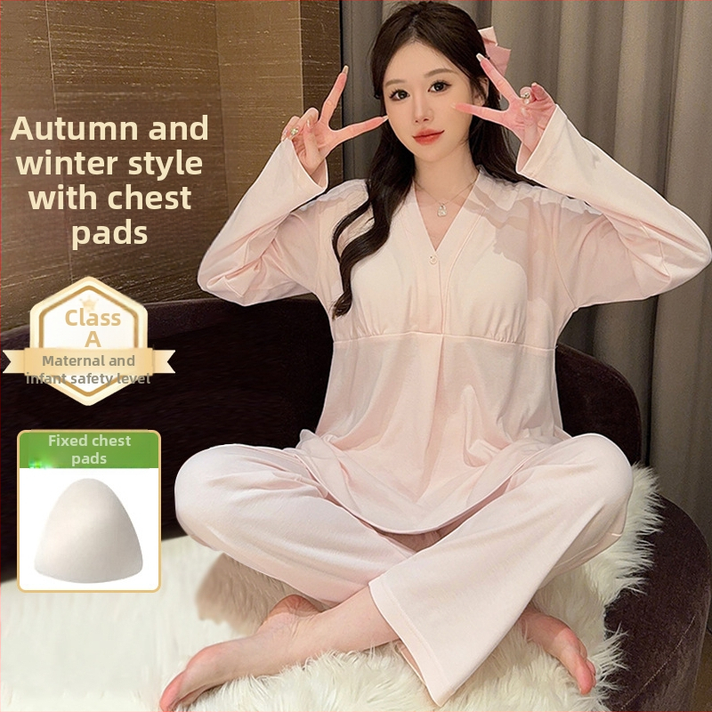 Postpartumski komplet pidžama za dojenje s jastučićima za dojke — 100% pamuk, dugi rukavi, hlače, proljetno-jesenski stil