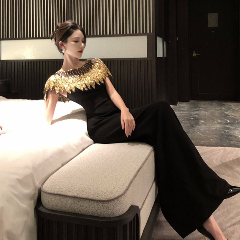 Kaks osaline sequin õhtukleit komplekt, Rooma puuvill/polüester segu, kõrge vöökoht, kitsas siluett, midi pikkus, long-sleeves, ruudukujuline ja U-kujuline kaelus