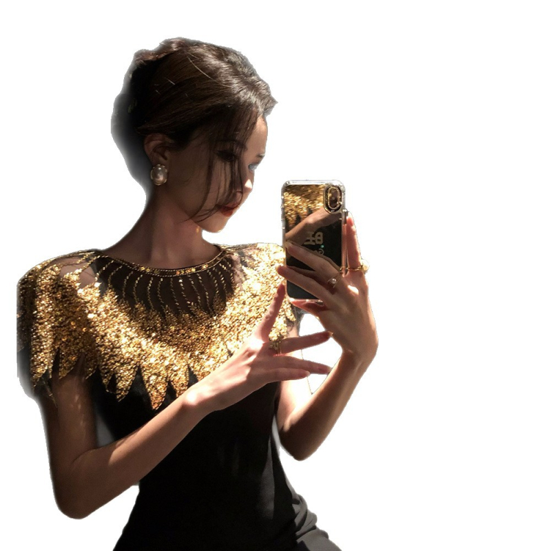 Kaks osaline sequin õhtukleit komplekt, Rooma puuvill/polüester segu, kõrge vöökoht, kitsas siluett, midi pikkus, long-sleeves, ruudukujuline ja U-kujuline kaelus