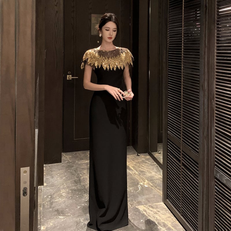 Kaks osaline sequin õhtukleit komplekt, Rooma puuvill/polüester segu, kõrge vöökoht, kitsas siluett, midi pikkus, long-sleeves, ruudukujuline ja U-kujuline kaelus