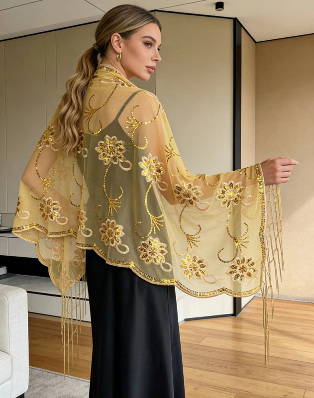 Moterų šalis su gėlių blizgučiais ir kutais – poliesteris, gėlių raštas, siuvinėta dekoracija, verstas mezgimas, biuro stilius, pavasaris 2025