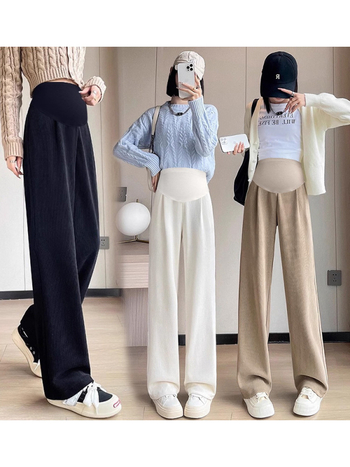 Παντελόνια εγκυμοσύνης, με παχιά επένδυση φλίς, ψηλή μέση, φαρδύ ίσιο κόψιμο, μείγμα πολυεστερ-σπαντεξ, για χειμώνα και φθινόπωρο