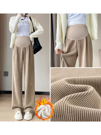 Παντελόνια εγκυμοσύνης — φλις επένδυση, πολυεστέρας 90–95%, υψηλή μέση, χαλαρή εφαρμογή για την κοιλιά, ίσια γραμμή