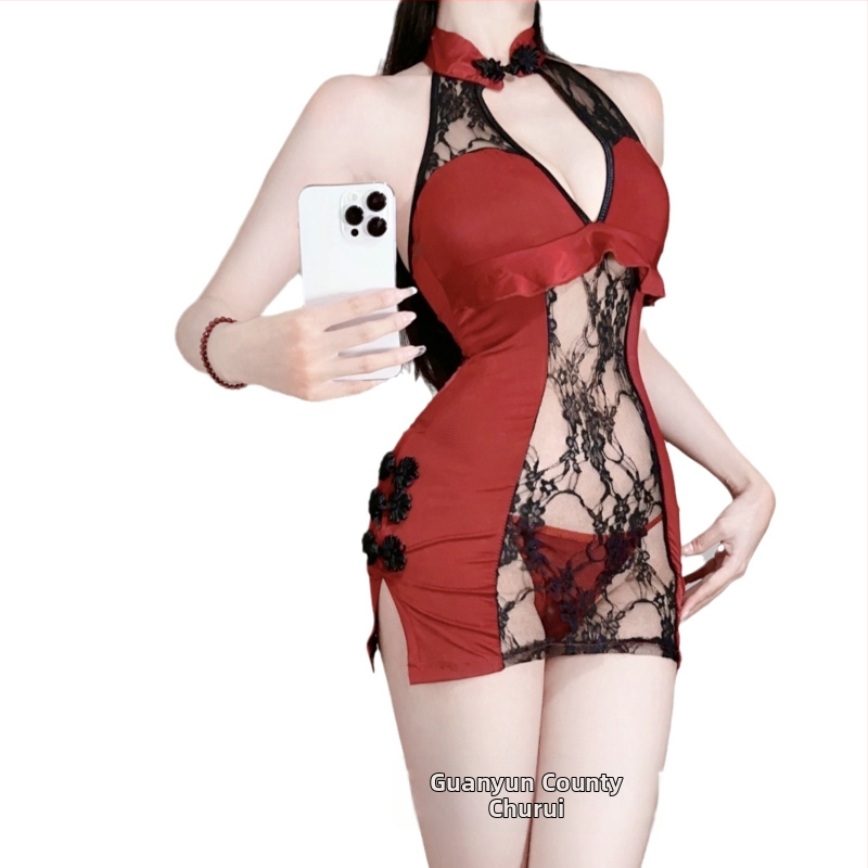 Cheongsam nočná súprava: hlboký výstrih do V, otvorený dizajn, vysoký rozparok, polyester (90–95%), pre ženy