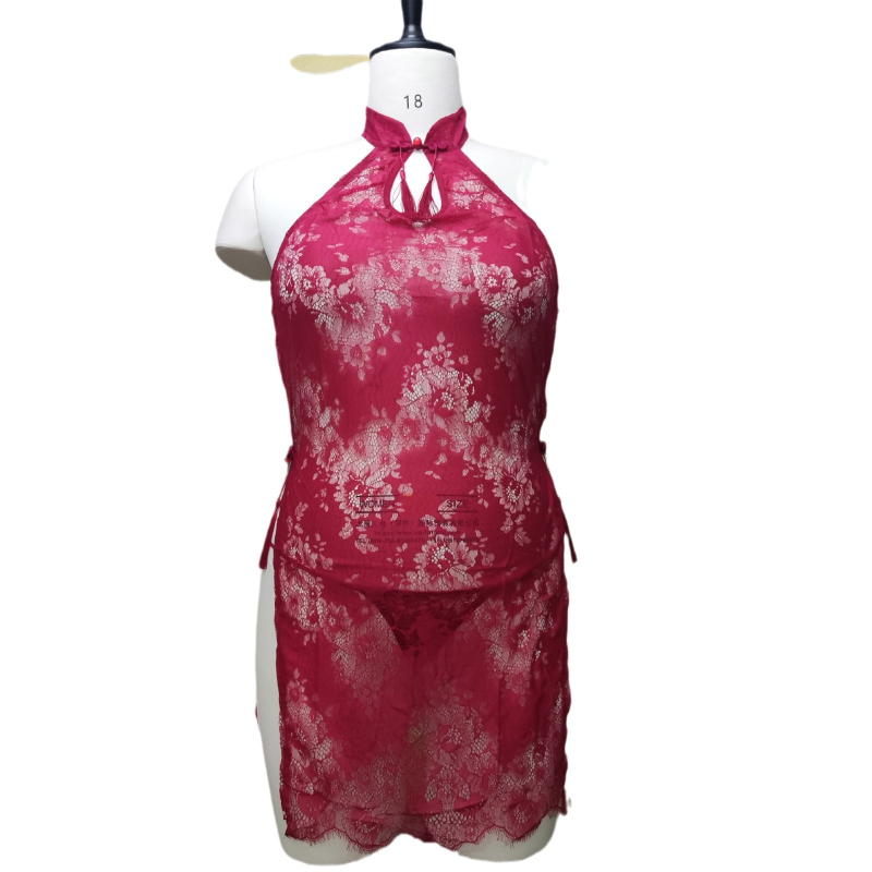 Čipkový set spodného prádla v štýle cheongsam, priehľadný, výrez a rozparok — polyester