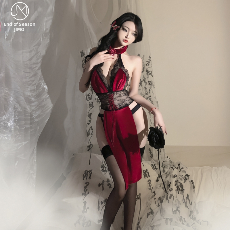 Exotický set spodného prádla - krajka, vysoký pás so rozparkom, motív ruže, uniforma v štýle Cheongsam pre hru na rolu; Materiál: polyester; Hlavný obsah materiálu: 70–80%; Štýl: herné oblečenie