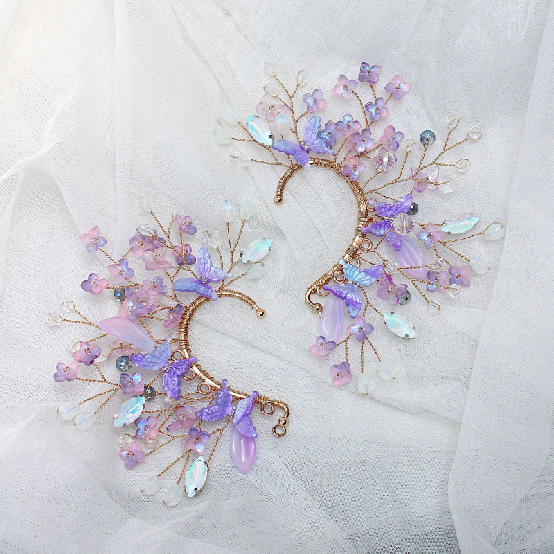 Kézzel készített üvegből készült fülmandzsetták kristályberakásokkal, eredeti dizájn, pillangó motívum, kód E-020