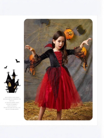 Bērnu Helovīna kostīms – vampīrs / ragana / princese; korejiešu velūrs, 90% acetāts, mīksta apstrāde un enzīmu mazgāšana, vecums 8+