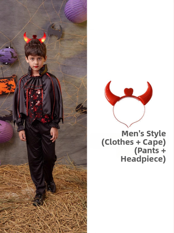 Bērnu Helovīna kostīms – vampīrs / ragana / princese; korejiešu velūrs, 90% acetāts, mīksta apstrāde un enzīmu mazgāšana, vecums 8+