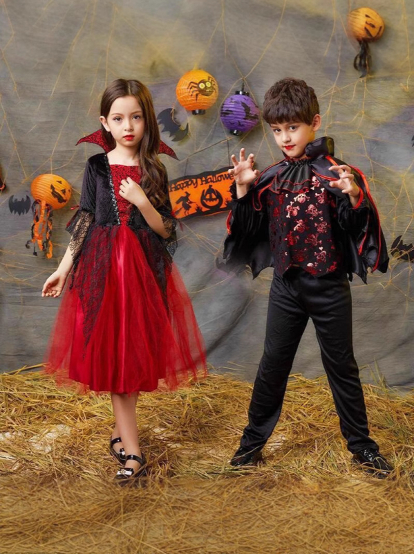 Bērnu Helovīna kostīms – vampīrs / ragana / princese; korejiešu velūrs, 90% acetāts, mīksta apstrāde un enzīmu mazgāšana, vecums 8+