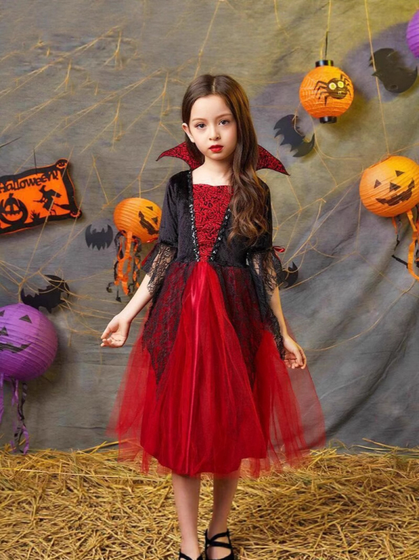 Bērnu Helovīna kostīms – vampīrs / ragana / princese; korejiešu velūrs, 90% acetāts, mīksta apstrāde un enzīmu mazgāšana, vecums 8+