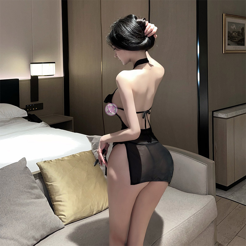 Cheongsam-Style σετ εσωρούχων με διαφανή δαντέλα και σχισμή, πολυεστερικό ύφασμα (95–100% πολυεστέρας)