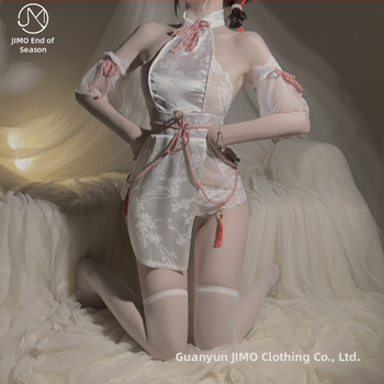 Sexy spodné prádlo set s dierovaným dizajnom cheongsam, stojací golier, šnúrka, čipkovaný Hanfu pijama set – 70-80% polyester