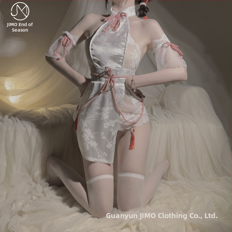 Sexy spodné prádlo set s dierovaným dizajnom cheongsam, stojací golier, šnúrka, čipkovaný Hanfu pijama set – 70-80% polyester