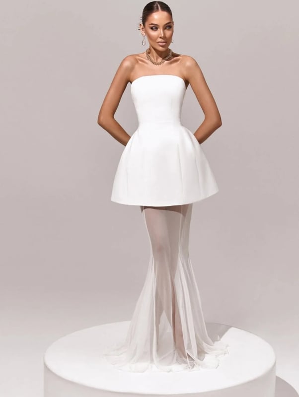 Večernja haljina bez naramenica, A-linija, duga, poliester, glavni materijal 80–90%, sekundarni 70–80%, struk srednje visine