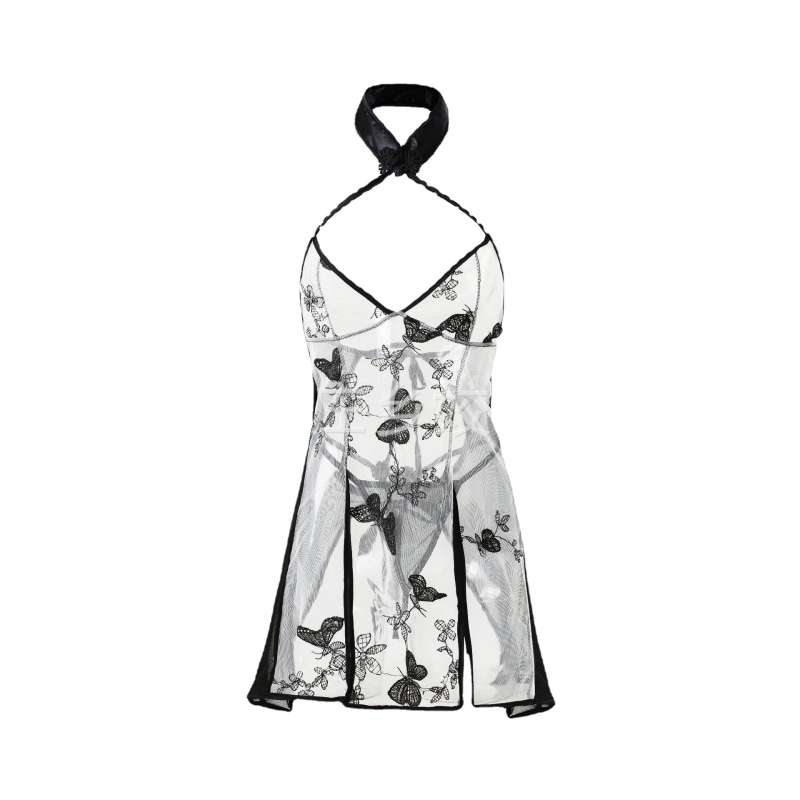 Cheongsam stiliaus apatinių komplektas su siuvinėjimais, nėriniu ir nailonu — permatomas kostiumas moterims