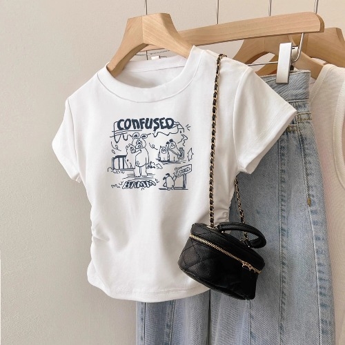 Ženska pamučna majica s kratkim rukavima, uski kroj, okrugli izrez, anime print, 90–95% pamuka, spandeks <30%, kratka duljina (40–50 cm), ljeto 2025, japansko-korejski ležerni stil