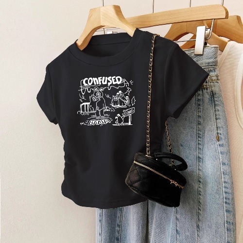 Ženska pamučna majica s kratkim rukavima, uski kroj, okrugli izrez, anime print, 90–95% pamuka, spandeks <30%, kratka duljina (40–50 cm), ljeto 2025, japansko-korejski ležerni stil