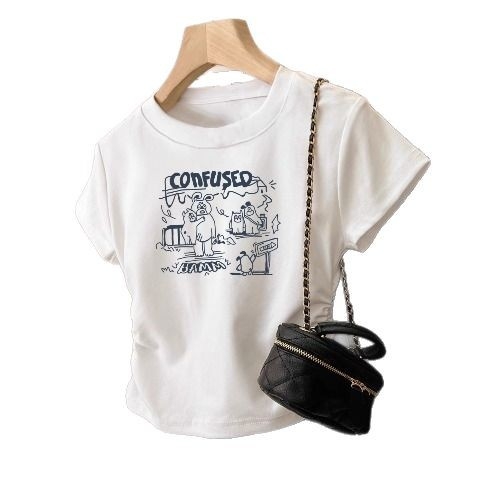 Ženska pamučna majica s kratkim rukavima, uski kroj, okrugli izrez, anime print, 90–95% pamuka, spandeks <30%, kratka duljina (40–50 cm), ljeto 2025, japansko-korejski ležerni stil