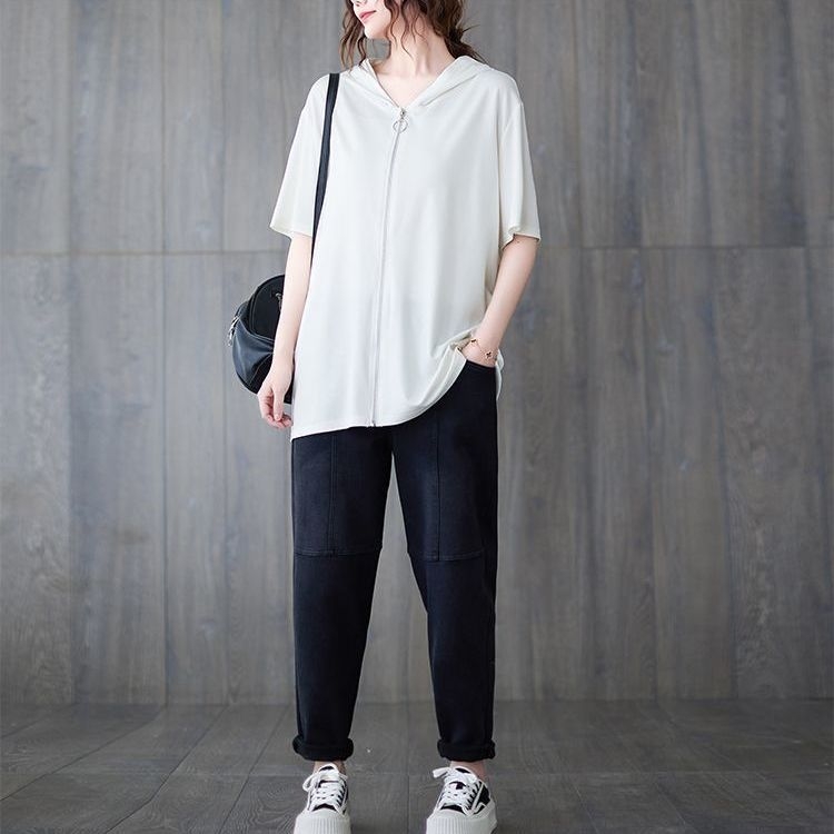 Ženski udoban kapuljačasti kardigan s kratkim rukavima, srednja duljina 65–80 cm, Milk Silk / poliester, HK wind retro stil