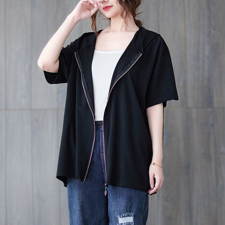 Ženski udoban kapuljačasti kardigan s kratkim rukavima, srednja duljina 65–80 cm, Milk Silk / poliester, HK wind retro stil