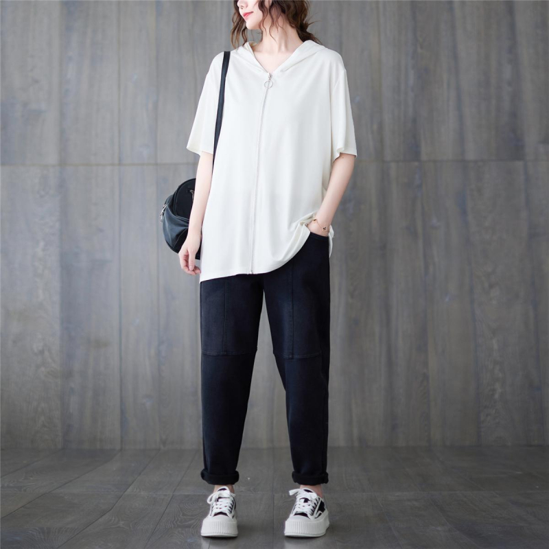 Ženski udoban kapuljačasti kardigan s kratkim rukavima, srednja duljina 65–80 cm, Milk Silk / poliester, HK wind retro stil