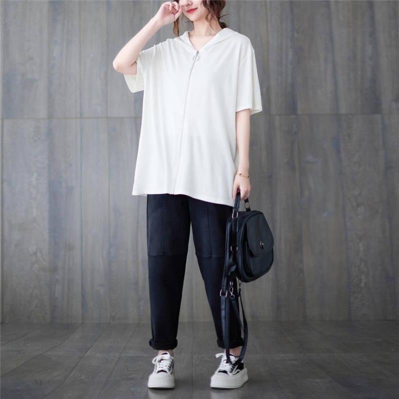 Ženski udoban kapuljačasti kardigan s kratkim rukavima, srednja duljina 65–80 cm, Milk Silk / poliester, HK wind retro stil