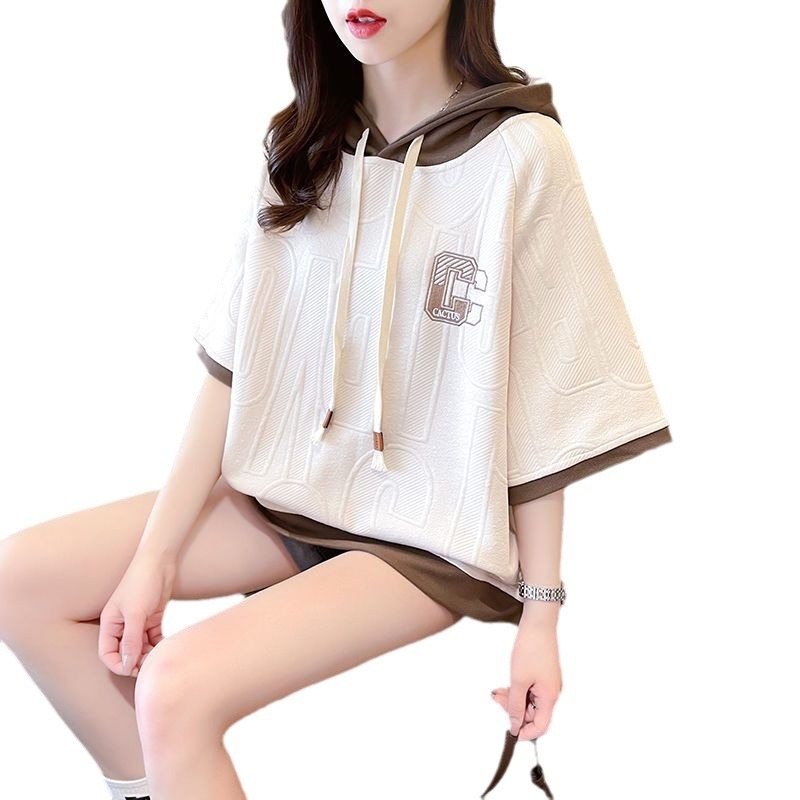 Ženski T-shirt s kapuljačom, kratkim rukavima, širokog kroja, poliester, duljina 50–65 cm