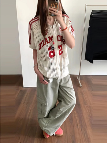 Ženski pleteni top s kratkim rukavima, okrugli izrez, slobodan kroj, dizajn slovima, dužina 50–65 cm, američki retro stil