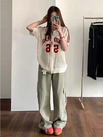 Ženski pleteni top s kratkim rukavima, okrugli izrez, slobodan kroj, dizajn slovima, dužina 50–65 cm, američki retro stil