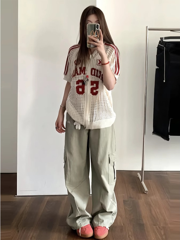Ženski pleteni top s kratkim rukavima, okrugli izrez, slobodan kroj, dizajn slovima, dužina 50–65 cm, američki retro stil