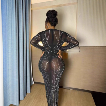 Рокля с прозрачна мрежеста тъкан, дълъг ръкав, кръгло деколте, полиестер със спандекс, камъни hotfix