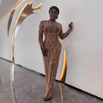 Рокля с прозрачна мрежеста тъкан, дълъг ръкав, кръгло деколте, полиестер със спандекс, камъни hotfix