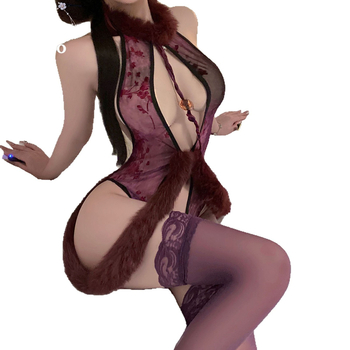 Domila moterų apatinių komplektas įkvėptas čipao, nėrinių, skaidrus priekinis dizainas, poliesterio audinys